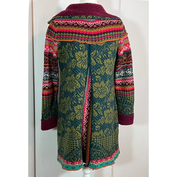 IVKO 100% WOOL LONG CARDIGAN HOODIE MULTICOLOR FLORAL SWEATER KNIT WOMENS 40/L - Picture 4 of 13
